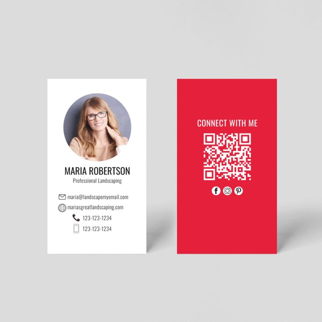 Modern Red Business Photo QR Code Card (Modern photo business card template with a scannable QR Code.)