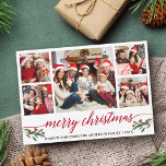 Modern Red Calligraphy 5 Photo Family Christmas Holiday Card<br><div class="desc">Modern Calligraphy Script 5 Photo Family Photo Collage Merry Christmas Card includes Watercolor Christmas Holly Berries - Red Script</div>