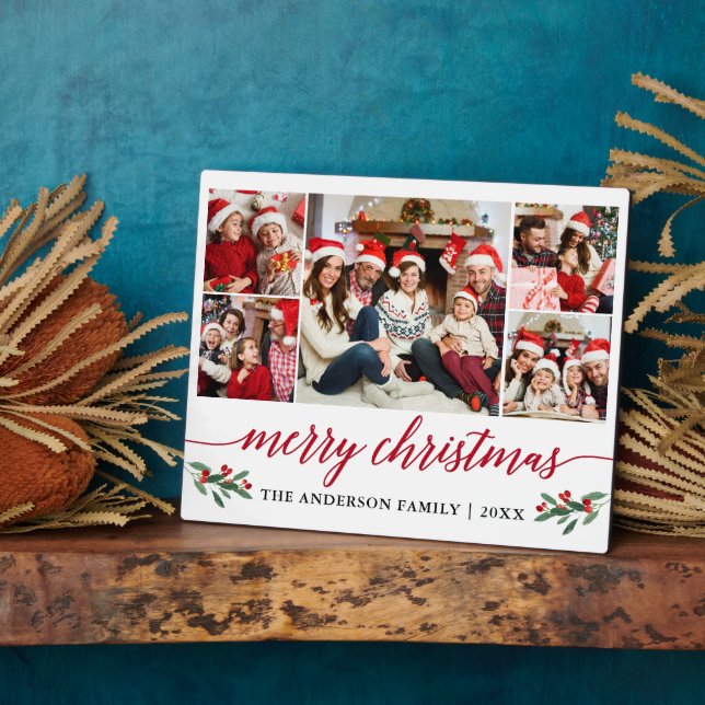 Modern Red Calligraphy 5 Photo Family Christmas Plaque (Side)