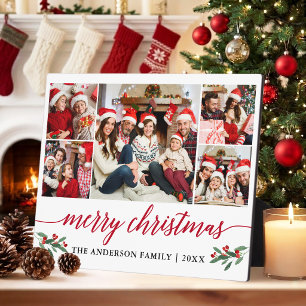 Modern Red Calligraphy 5 Photo Family Christmas Plaque