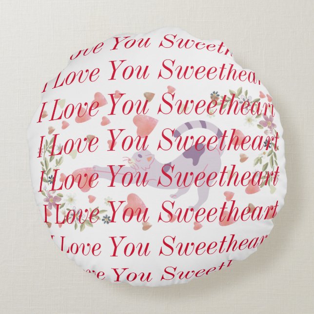 Modern Red Calligraphy & a Cat in the Background Round Cushion (Back)