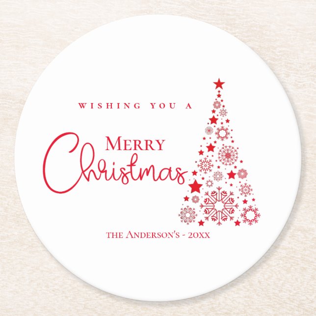 Modern Red Calligraphy Merry Christmas Round Paper Coaster (Front)