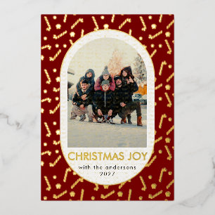 Modern Red Candy Cane Arched Photo Christmas Joy