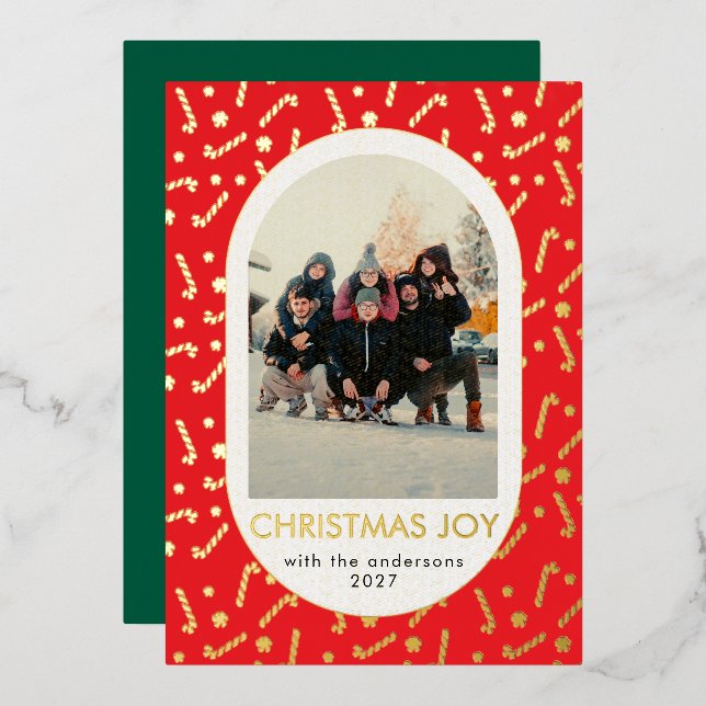 Modern Red Candy Cane Arched Photo Christmas Joy (Front/Back)