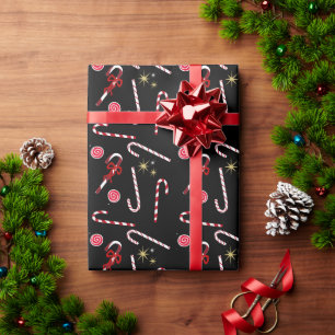 Modern Red Candy Cane Festive Christmas Black Wrapping Paper