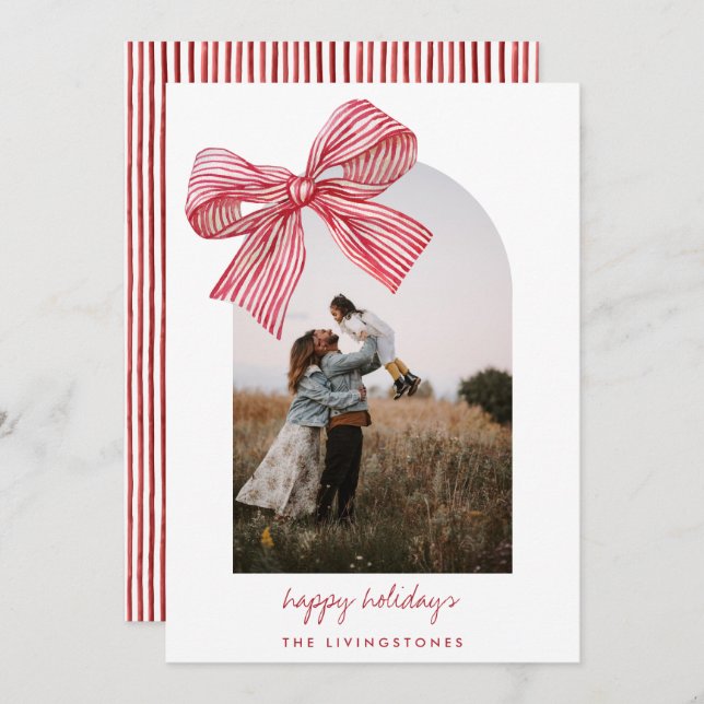 Modern Red Candy Stripes Bow & Arch Photo   Holiday Card (Front/Back)