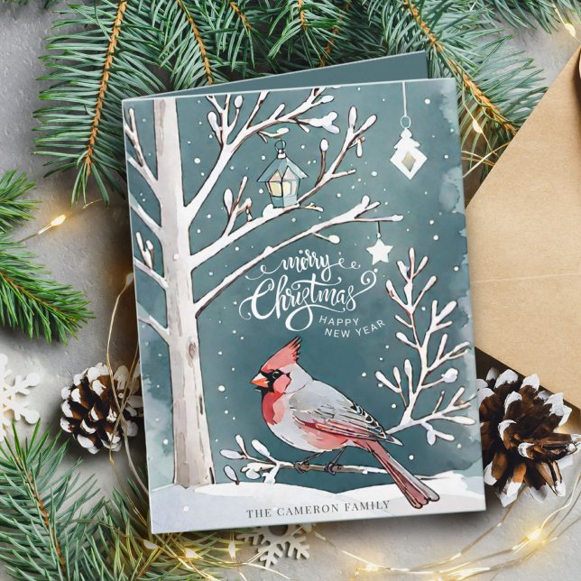 Modern Red Cardinal Winter Landscape Christmas Card (Modern Red Cardinal Winter Landscape Christmas Card)