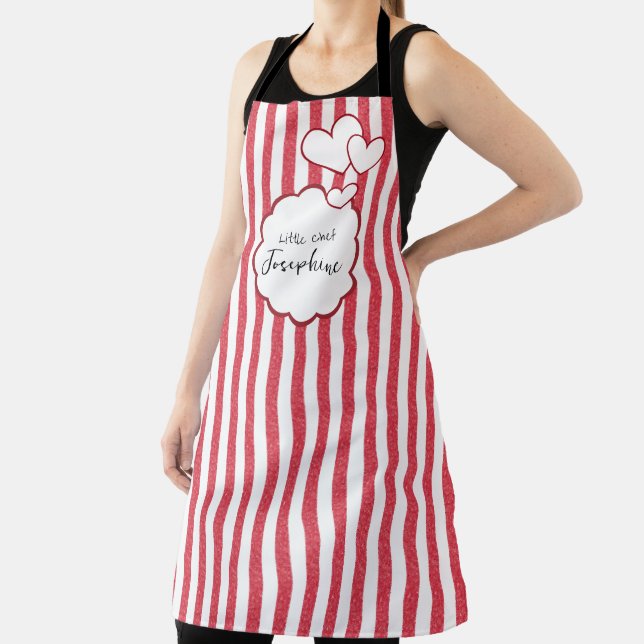 Modern Red Chalk Stripes Background Triple Hearts Apron (Insitu)