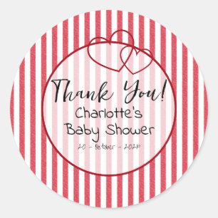 Modern Red Chalk Stripes Double Hearts Baby Shower Classic Round Sticker