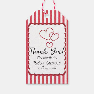 Modern Red Chalk Stripes Triple Hearts Baby Shower Gift Tags