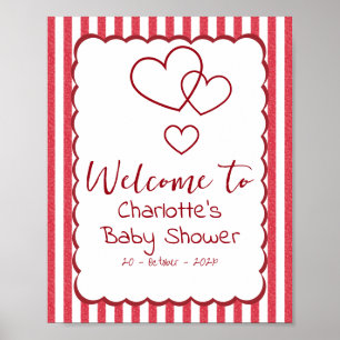 Modern Red Chalk Stripes Triple Hearts Baby Shower Poster