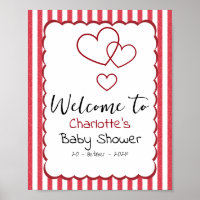 Modern Red Chalk Stripes Triple Hearts Baby Shower