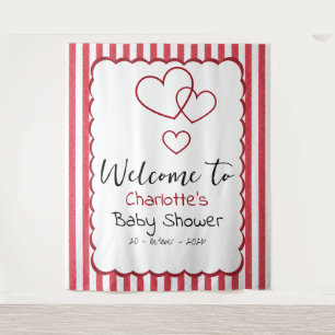 Modern Red Chalk Stripes Triple Hearts Baby Shower Tapestry