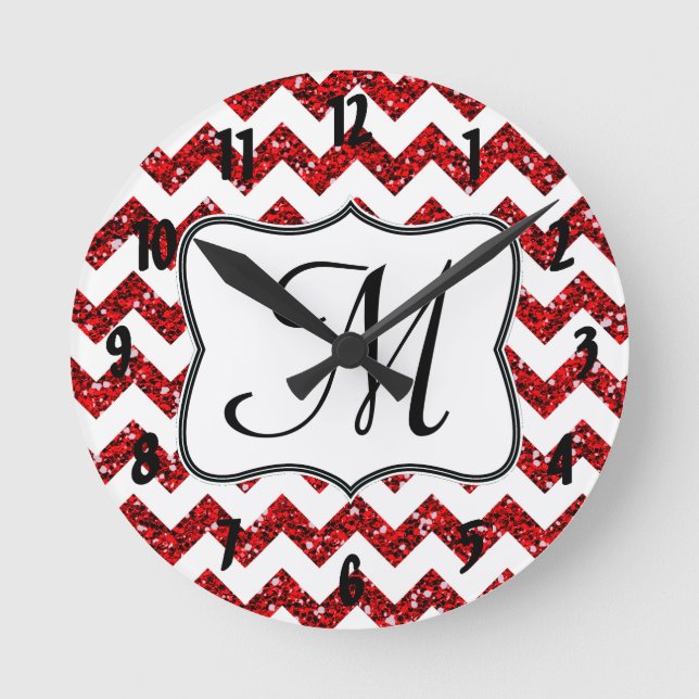 Modern Red Chevron Monogram Initial Wall Clock (Front)