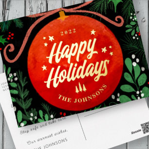 Modern Red Christmas Ball Ornament Botanical Foil Holiday Postcard