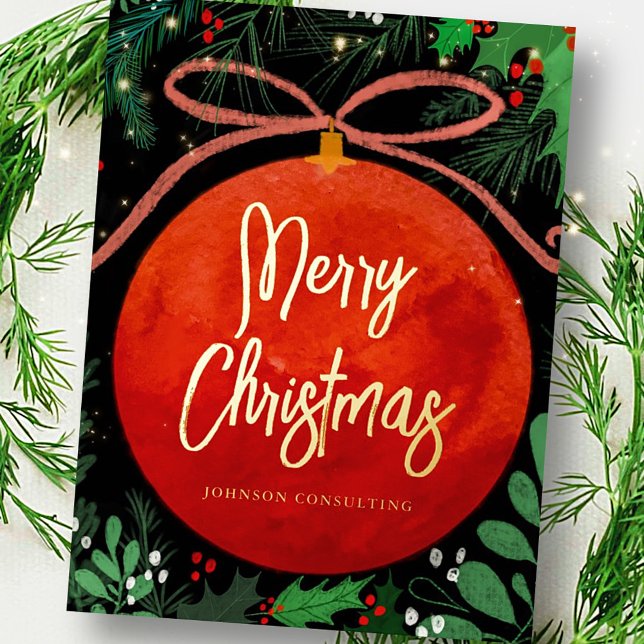 Modern Red Christmas Ball Ornament Botanical Foil Holiday Postcard (Creator Uploaded)