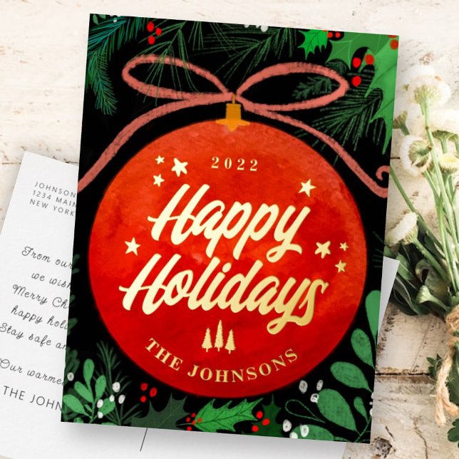 Modern Red Christmas Ball Ornament Botanical Foil Holiday Postcard (Creator Uploaded)