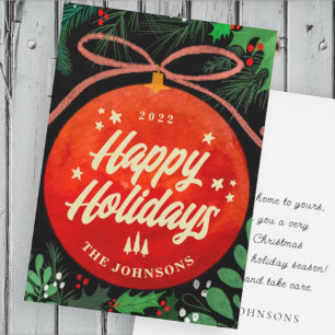 Modern Red Christmas Ball Ornament Botanical Holiday Card