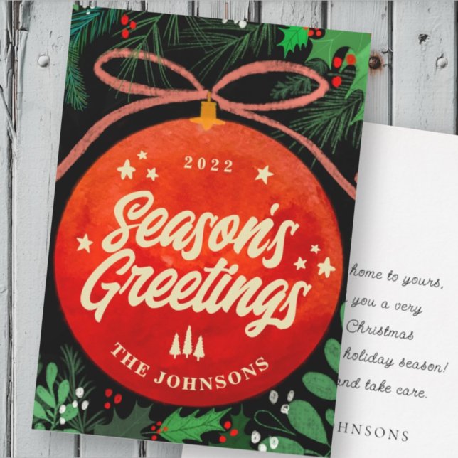 Modern Red Christmas Ball Ornament Botanical Holiday Card (Creator Uploaded)