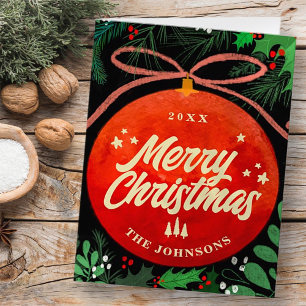 Modern Red Christmas Ball Ornament Botanical Holiday Card