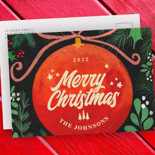 Modern Red Christmas Ball Ornament Botanical Holiday Postcard