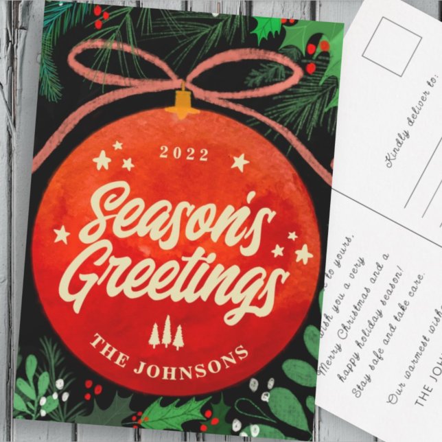 Modern Red Christmas Ball Ornament Botanical Holiday Postcard (Creator Uploaded)