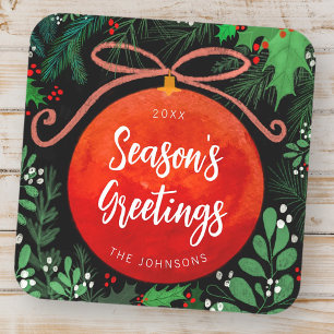 Modern Red Christmas Ball Ornament Botanical Square Sticker