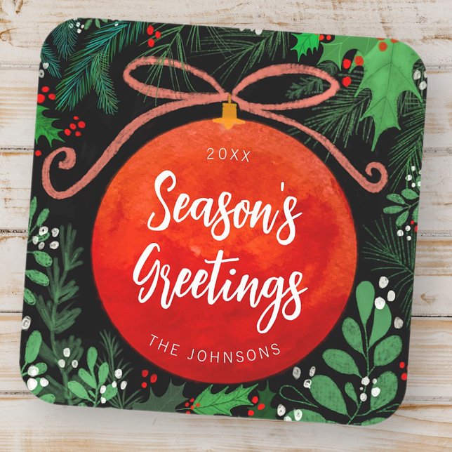 Modern Red Christmas Ball Ornament Botanical Square Sticker (Creator Uploaded)