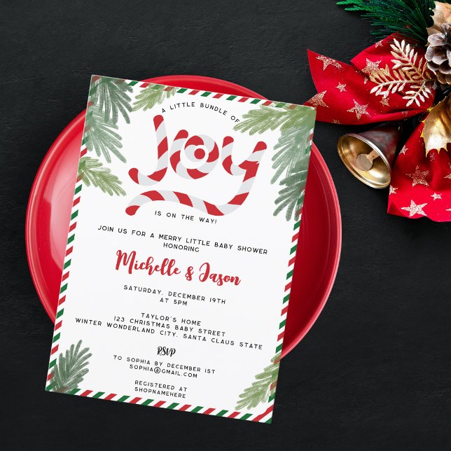 Modern Red Christmas Candy Cane Joy Baby Shower Invitation (Creator Uploaded)