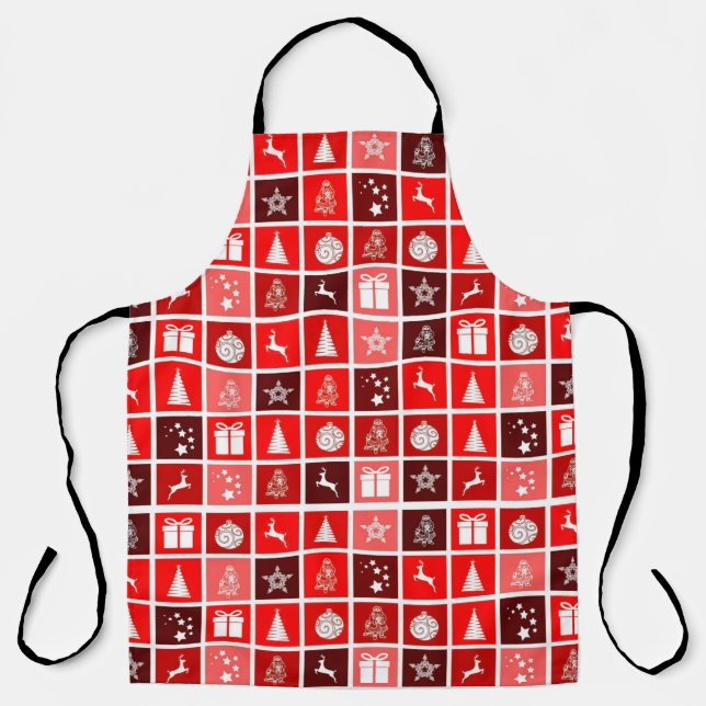 Modern Red Christmas Grid Pattern Minimalist  Apron (Front)