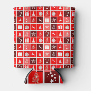 Modern Red Christmas Grid Pattern Minimalist Can Cooler