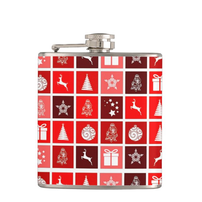 Modern Red Christmas Grid Pattern Minimalist  Hip Flask (Front)