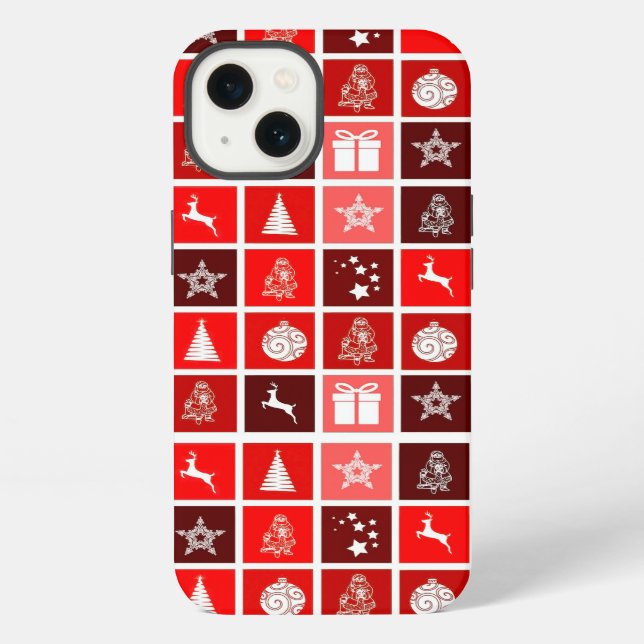Modern Red Christmas Grid Pattern Minimalist  iPhone Case (Back)