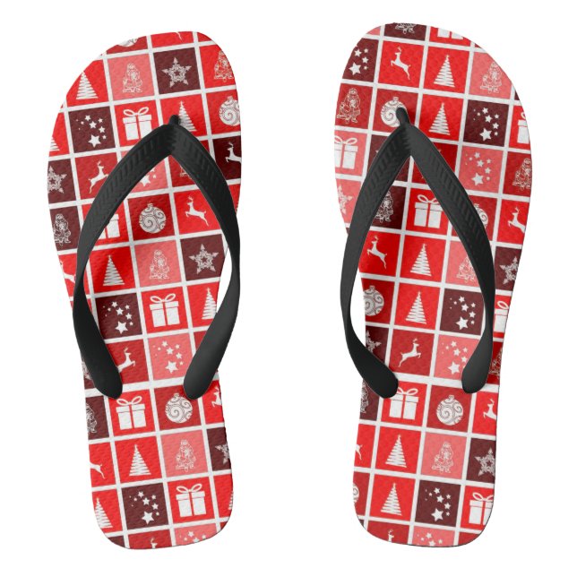 Modern Red Christmas Grid Pattern Minimalist  Jandals (Footbed)