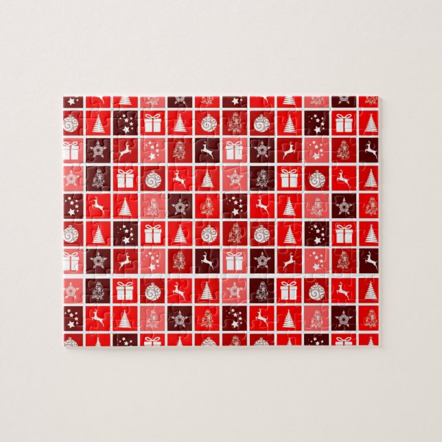 Modern Red Christmas Grid Pattern Minimalist  Jigsaw Puzzle (Horizontal)