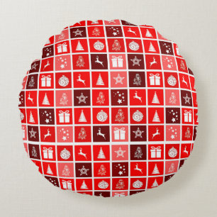 Modern Red Christmas Grid Pattern Minimalist  Round Cushion