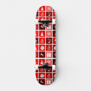 Modern Red Christmas Grid Pattern Minimalist Skateboard