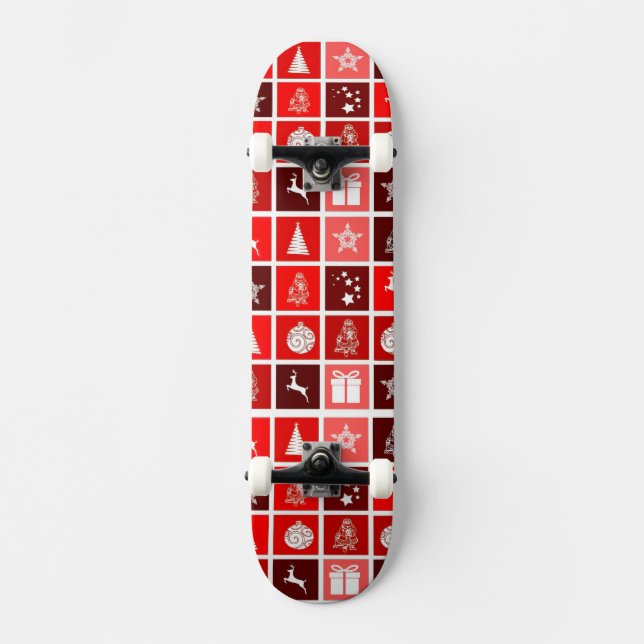 Modern Red Christmas Grid Pattern Minimalist  Skateboard (Front)