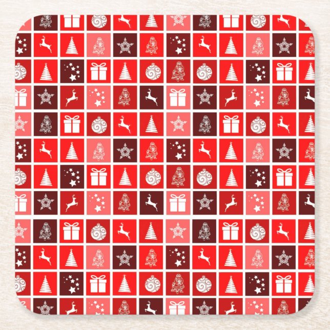 Modern Red Christmas Grid Pattern Minimalist  Square Paper Coaster (Front)