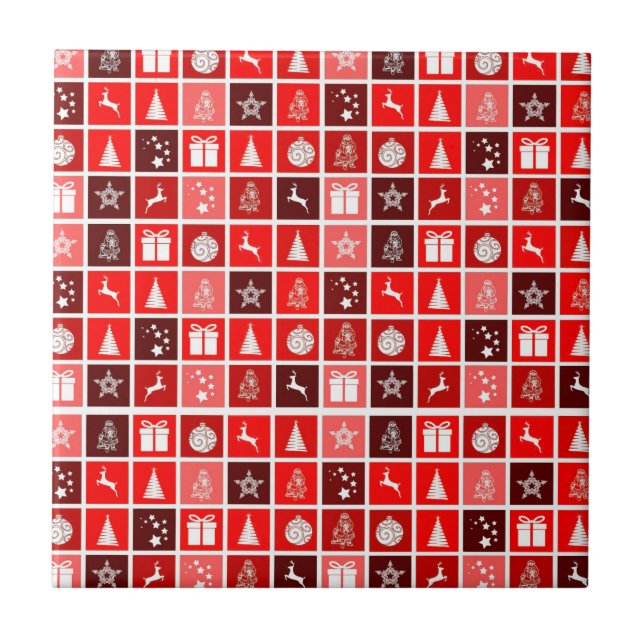 Modern Red Christmas Grid Pattern Minimalist  Tile (Front)