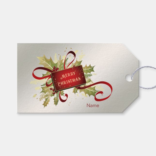 Modern Red Christmas Holiday Gift Tag (Front (Horizontal))