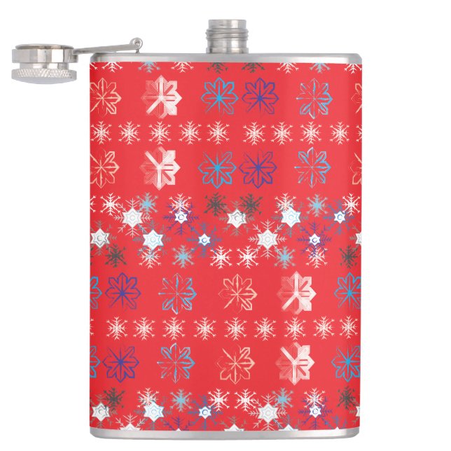 Modern Red Christmas Holiday snowflake pattern Hip Flask (Opened)