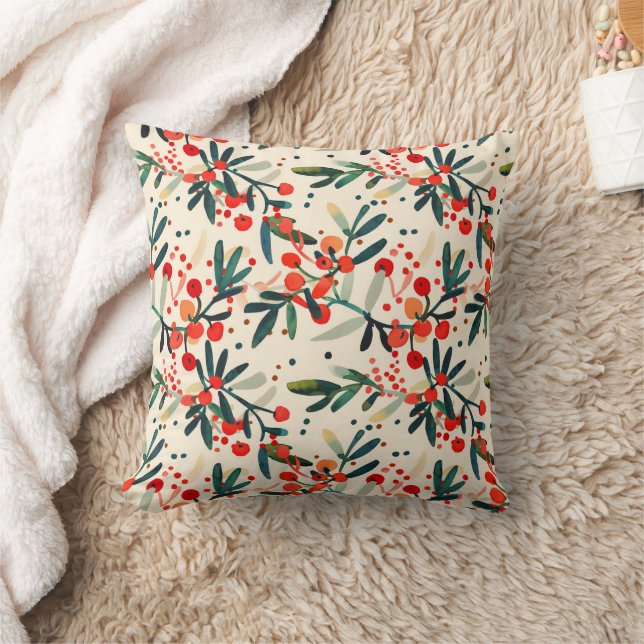 Modern Red Christmas Holly Berries Cushion (Blanket)