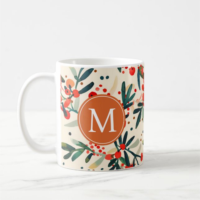 Modern Red Christmas Holly Berries Monogram Coffee Mug (Left)