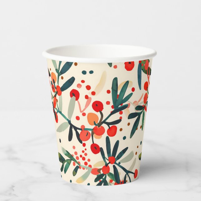 Modern Red Christmas Holly Berries Paper Cups (Front)