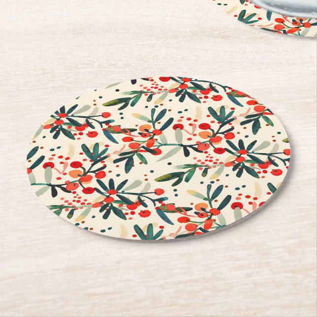 Modern Red Christmas Holly Berries Round Paper Coaster (Angled)