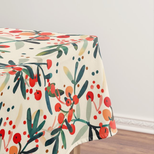 Modern Red Christmas Holly Berries Tablecloth (In Situ)