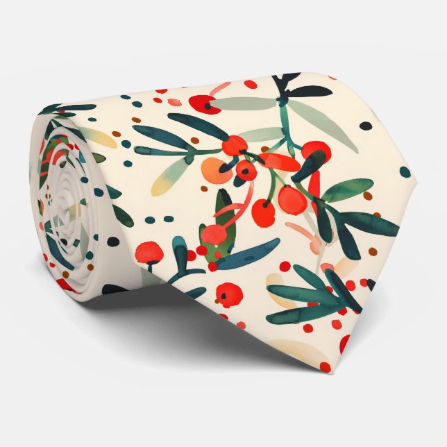 Modern Red Christmas Holly Berries Tie (Rolled)