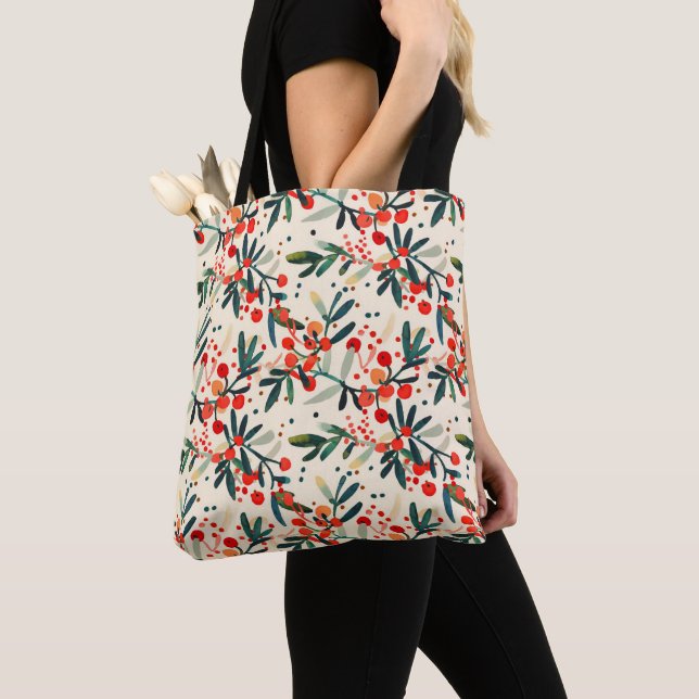 Modern Red Christmas Holly Berries Tote Bag (Close Up)