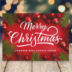 Modern Red Christmas Ornaments and Green Pine Holiday Card